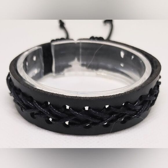 Men's leather bracelet braided black new e45 - Picture 1 of 1
